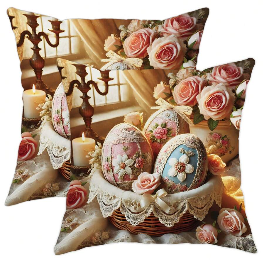 2pcs Easter Decoration Easter Eggs Rose Floral Velvet Throw Pillow Covers Vintage Gorgeous Pink Blue Cosy Soft Decorative Pillowcases One Sided Printing For Spring Living Room Bedroom Sofa Bed Decor Without Pillow Inserts - Pink - View 1