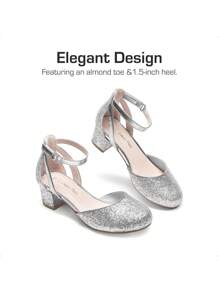 Girls Dress Shoes Closed Toe High Heels Ankle Strap Toddler Little Big Kid Wedding Flower Party Pump - 銀色 - 查看 5