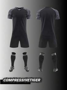 2pcs Boy's Personalized Soccer Jersey - Customizable Name And Number Print Stripe Decor Short Sleeve T-Shirt + Shorts Co-Ord Quick-Drying Sweat-Absorbing Sports Set As Gift - Black - View 2