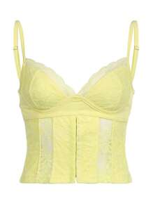 Women Lace Trim Corset Tank Top Y2K Lace Floral Spaghetti Strap Cami Crop Tops Sexy Backless Sleeveless Vests Shirts Summer Going Out Tops Streetwear - Màu vàng - Xem 10