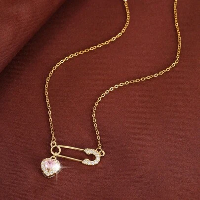 1 件时尚心形胸针设计方晶锆石项链女士