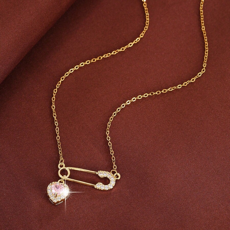 1 件时尚心形胸针设计方晶锆石项链女士 - 彩色 - 查看 1