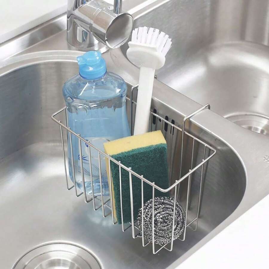 1pc Stainless Steel Kitchen Double Bowl Sponge, Cleaning Tool Basket