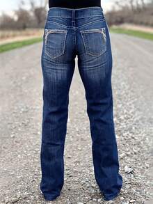 全新女式低腰水洗弹力直筒牛仔裤 - 藏蓝色 - 查看 3