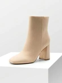 Women's Vegan Leather Faux Suede Block Heel Side Zip Fashionable Ankle Boots - Apricot - View 1