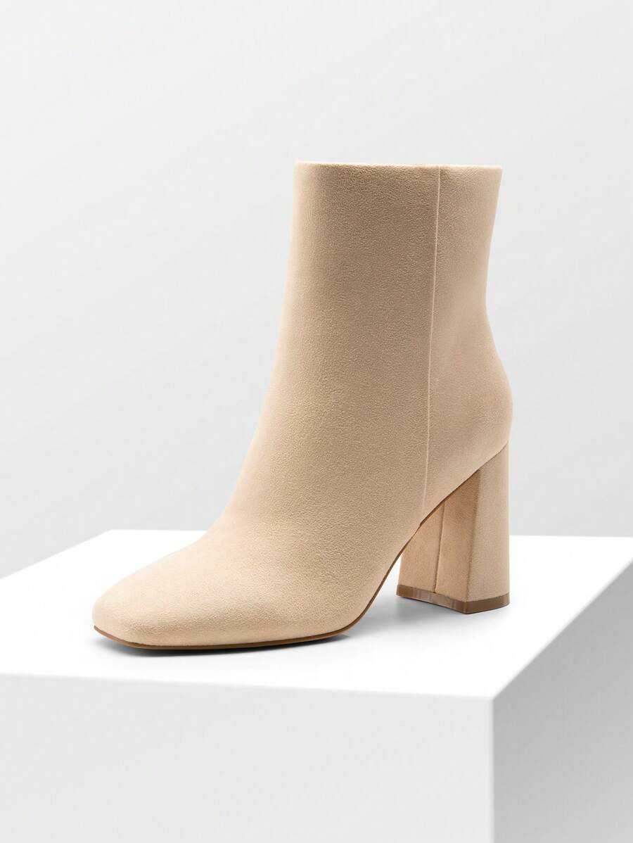 Women's Vegan Leather Faux Suede Block Heel Side Zip Fashionable Ankle Boots - Apricot - View 1