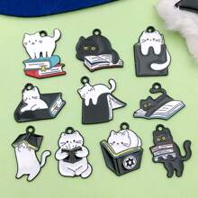 5/10 件黑白珐琅猫饰物卡通书饰动物可爱猫饰物吊坠可制作珠宝钥匙扣手链配饰 - 黑與白 - 查看 12