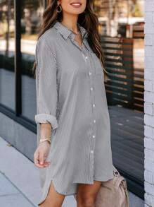 Womens Blouses,Blouses For Women Dressy Casual,Women's Button Up Shirts With Pockets Dresses Cotton Striped Shirts Long Sleeve High Low Shirt Tops - 灰色 - 查看 2