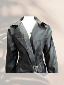 Gabardina de piel moderna pra dama - Negro - Ver 2