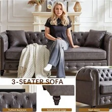 Button Tufted 3 Seats / 2 Seats Combo Sofa Couch With Nailhead Trim&Roll Armrest, Modern Living Room Sofa Set With Solid Wood Frame, Upholstered Mid Century Modern Couch With Wooden Legs, Chesterfield Sofa With 4 Cushions For Living Room, Apartment & Office Furniture - 灰色 - 查看 6