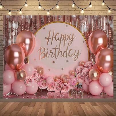 1 pieza Pancarta de feliz cumpleaños metálica rosa y dorada - Bandera de fiesta de poliéster, decoración interior/exterior, pancarta brillante para mesa de pastel, photocall, suministros de fiesta, decoración del hogar