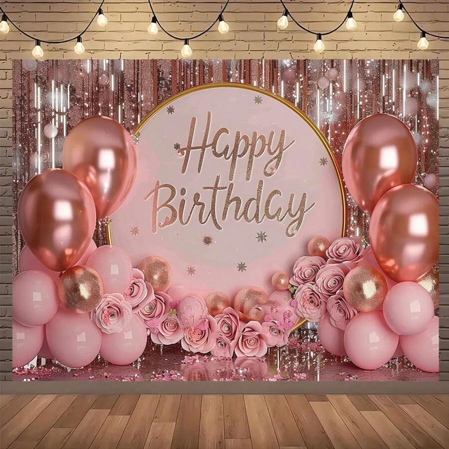 1pc Metallic Pink & Gold Happy Birthday Backdrop - Polyester Party Flag, Indoor/Outdoor Decoration, Glitter Cake Table Banner, Photo Booth, Party Supplies, Home Decor