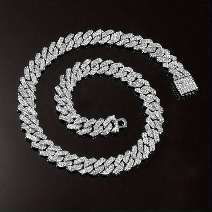 Mens Cuban Link Chain Miami Cuban Necklace Chain Diamond Cut Chains For Men Women 14mm Iced Out Hip Hop Jewelry - 銀色 - 查看 1