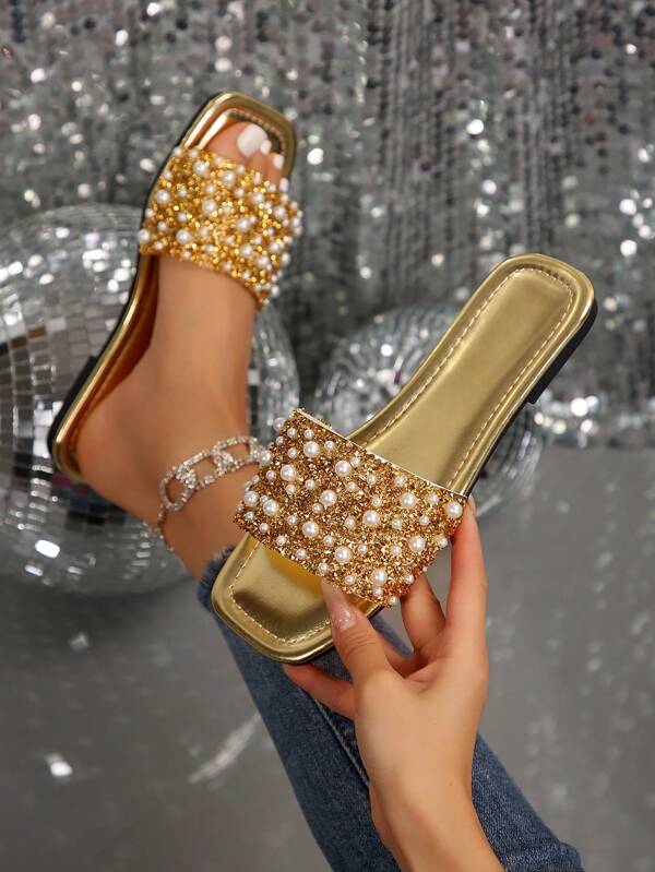 Fashionable Luxury Women Flat Slide Sandals With Pearl And Rhinestone Decoration, Square Toe Slip-On Flat Shoes, Comfortable Footwear In Multiple Colors, Suitable For Stylish Outfits