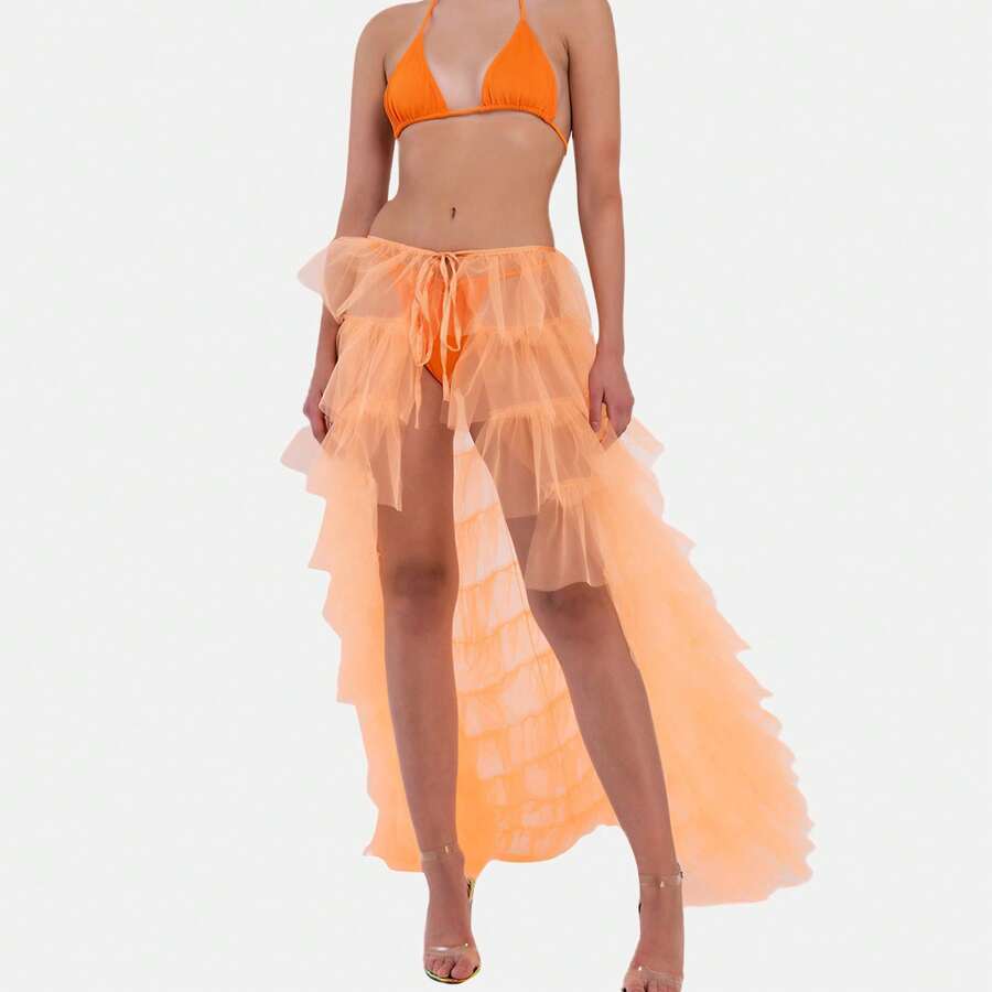 Women's Tulle Maxi Skirt Floor Length Layered High Waist Split Skirt A-Line Puffy Mesh Tutu Skirt Irregular Hem Lace-Up Puffy Skirt Party Prom Dresses For Wedding Party - trái cam - Xem 1