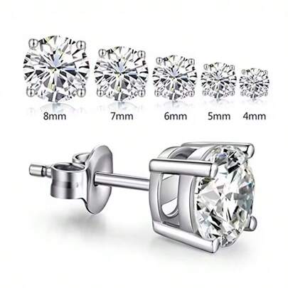 2pcs Cubic Zirconia Stud Earrings, Unisex, Low Allergy Stainless Steel Silver Color Earrings, 3-4-5-6mm Simulated Diamond Round CZ Stud Earrings, Suitable For Daily Wear