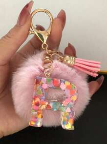 Letter Initial Keychain, Cute Fluffy Ball Keyring, Can Be Hung On Bags, Backpacks, Cars, Ideal Gift For Women And Girls, Also A Wallet And Handbag Accessory. This Tassel Keychain Includes Letters A-Z, Suitable For Commuting Wear. - Pink - View 20