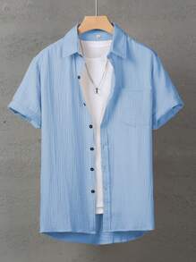 Men's Linen/Bohemian Style Short Sleeve Shirt - Blue - View 2