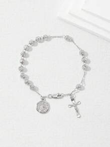 1pc 925 Sterling Silver Antioxidant Real Platinum Plated, Monobloc Carved Priest Cross Jesus Prayer Beads Bracelet, Comes With Deluxe Gift Box And Bag, Suitable For Mother's/Valentine's Day, Couples, Friends, Believers, First Holy , Everyday & Festival Wear, Prayer - White - View 10