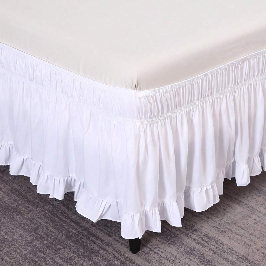 1pc Ruffle Hem Dual Elastic Waistband Bed Skirt, Soft Bed Cover, White + White Ruffle Edge Elastic Bed Skirt, Fits Bedroom, Guest Room, Dorm, Hotel Bedding Decoration