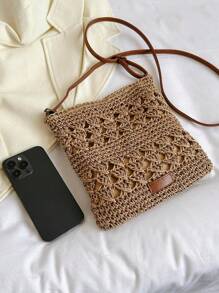 Mini Handmade Crochet Solid Color Crossbody Bag, Small Size Woven Adjustable Strap Messenger Bag, Fashion Hollow Floral Design Cell Phone Pouch Purse, Perfectly Matching With Crochet Set