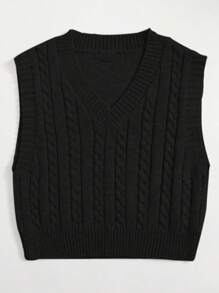 V-Neck Braided Knit Sweater Vest - màu đen - Xem 2