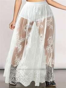 Women's Lace Long Skirts High Waist Solid Color See-Through Midi Skirts With Built-In Shorts - White - View 1