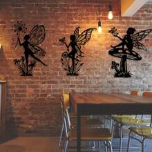 3pcs Black Metal Fairy Wall Art Set, Simple Fairy Silhouette Decor For Living Room, Bedroom, Bathroom, Kitchen, Terrace, Balcony, Indoor & Outdoor Use, No Electricity Needed,Garden Courtyard Wall Decoration.