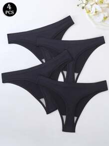HANQIYA 4pcs Women's Plus Size Black Solid Color Thong Panties, Elegant & Simple, Moisture-Wicking & Breathable
