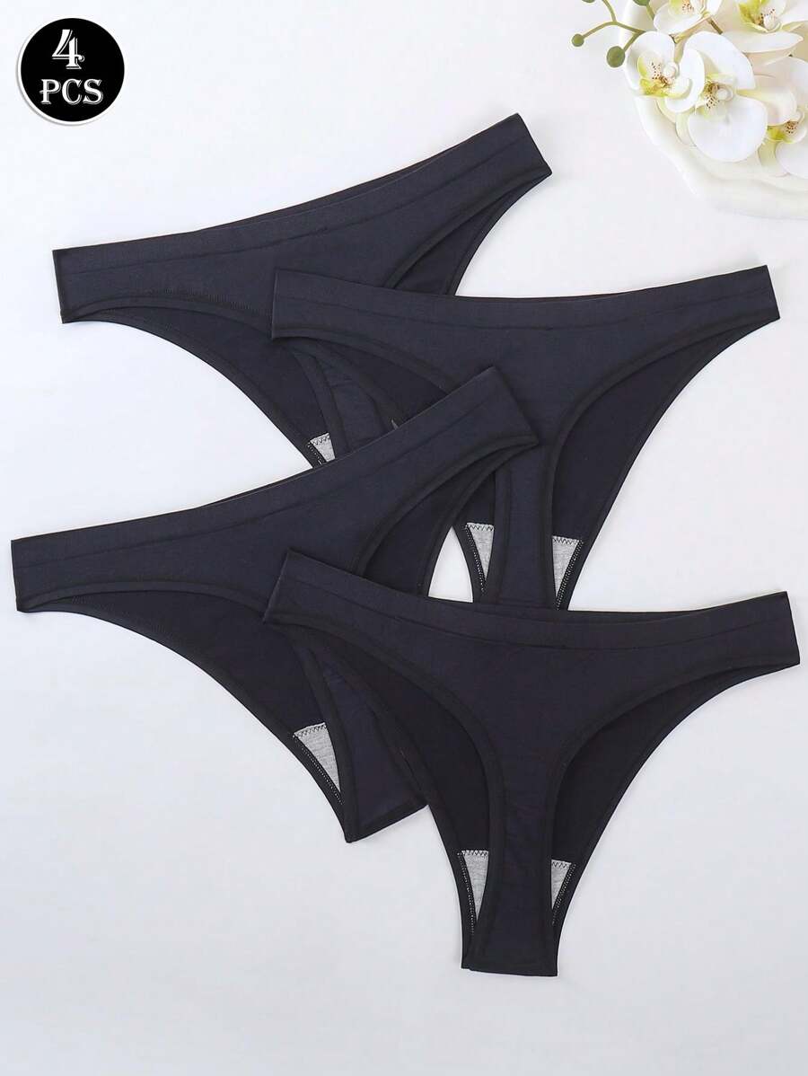 HANQIYA 4pcs Women's Plus Size Black Solid Color Thong Panties, Elegant & Simple, Moisture-Wicking & Breathable