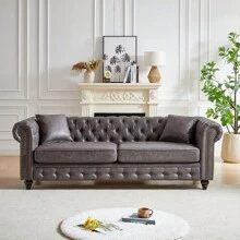 Button Tufted 3 Seats / 2 Seats Combo Sofa Couch With Nailhead Trim&Roll Armrest, Modern Living Room Sofa Set With Solid Wood Frame, Upholstered Mid Century Modern Couch With Wooden Legs, Chesterfield Sofa With 4 Cushions For Living Room, Apartment & Office Furniture - 灰色 - 查看 5