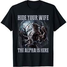 Retro Hide Your Wife The Alpha Is Here Funny Wolf Meme Men T-Shirt Oversized Short Sleeve Classic Heavy Cotton T Shirt Printed Graphic Tee Women's Casual Short-Sleeved Top - 設計2 - 查看 1