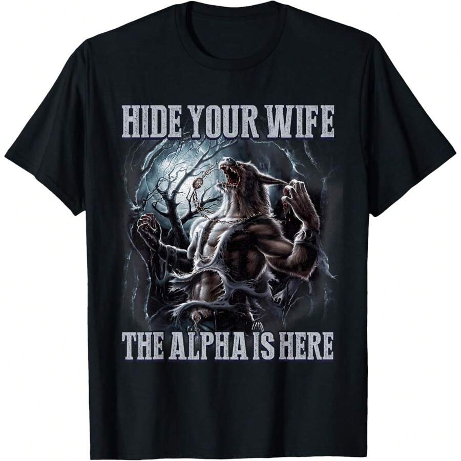 Retro Hide Your Wife The Alpha Is Here Funny Wolf Meme Men T-Shirt Oversized Short Sleeve Classic Heavy Cotton T Shirt Printed Graphic Tee Women's Casual Short-Sleeved Top - 設計2 - 查看 1