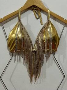 Sexy Metallic Cropped Top With Sequin Fringes With Padding And Backless, V-Neck, Ties At The Back And Neck, Suitable For Holiday Parties, Carnival Fashion, Clubwear, One Size Fits 38-42 - 金色 - 查看 2