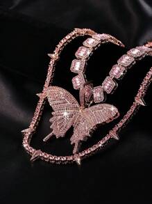 Fashion Crystal Pink Butterfly Pendant & Punk Spiked Cuban Link Chain Necklace Set, Unisex Party / Gift Decorative Box Included