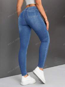 Jeans Mujer De Mezclilla Jeans ajustados de cintura alta para mujer, mezclilla elástica, estilo casual, azul clásico, pantalón largo, ropa de uso diario a la moda Vaqueros Ajustados De Cintura Alta Lavados