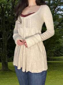 Women Y2K Fairy Grunge Knitted Shirt Top Vintage Long Sleeve Square Neck Button Tunic Tops Retro Peplum Blouse Sweaters Aesthetic Clothes Knitwear - White - View 3