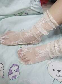 1 paar witte mesh kant frilly sokken voor dames schattige JK hoge sokken dunne zomer ademende retro zwarte visnetkousen