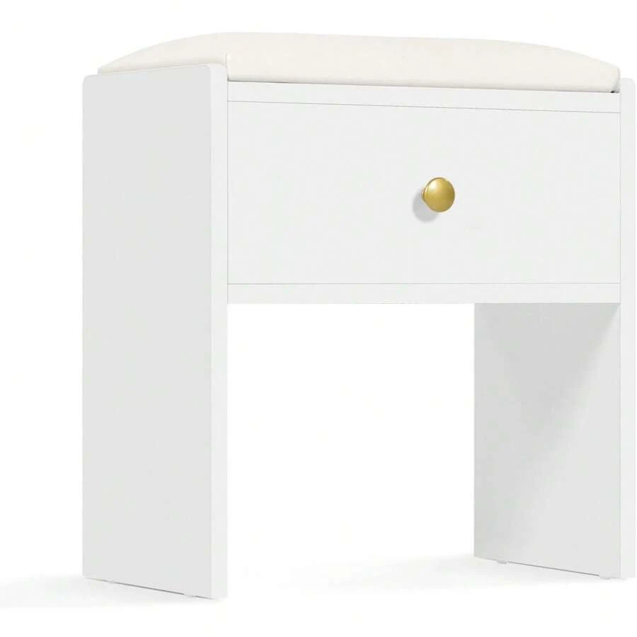 Dressing Table Stool, Makeup Vanity Stool With Storage Drawer, Padded Bench Footrest Ottoman, White Wooden Stool For Dressing Table, Living Room, Hallway