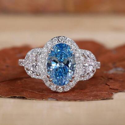 Anillo de plata de ley 925 con óvalo azul mar de lujo y circonita cúbica brillante - regalo para mujeres para citas, fiestas, cumpleaños, San Valentín, joyería de primera calidad