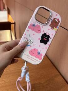 Cute Pink Polka Dot Rabbit & Bear Cake Design Phone Case, Adorable & Youthful Style, Compatible With IPhone 16/15/15 Pro/15 Pro Max/14/13/12/11/Xs MAX Series - Pink Polka Dot Rabbit Bear With Pink Lanyard - View 5