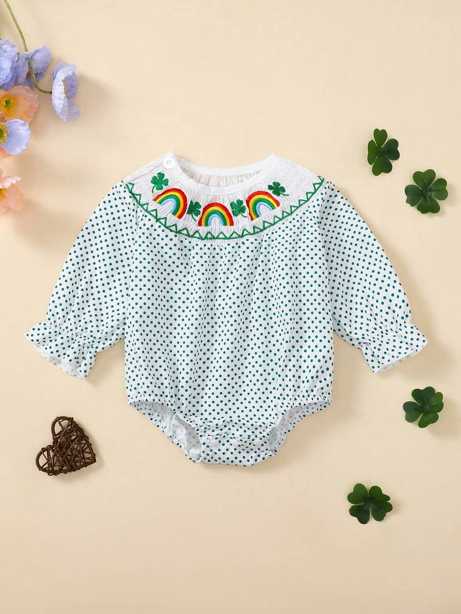 女婴四叶草刺绣绿色圆点连体衣，可爱又有趣，是宝宝的最佳节日礼物 - 綠色 - 查看 1