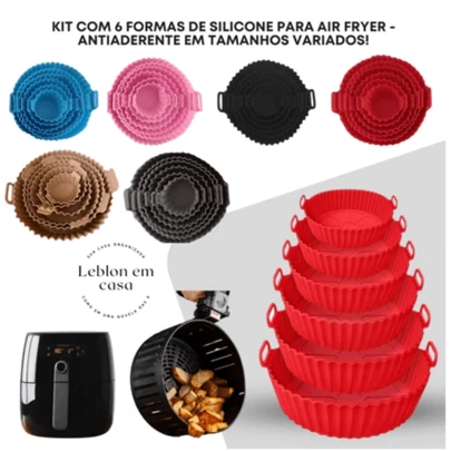 Kit 6 Forma de Silicone Para Fritadeira Air Fryer Antiaderente Cozinha Com Alça