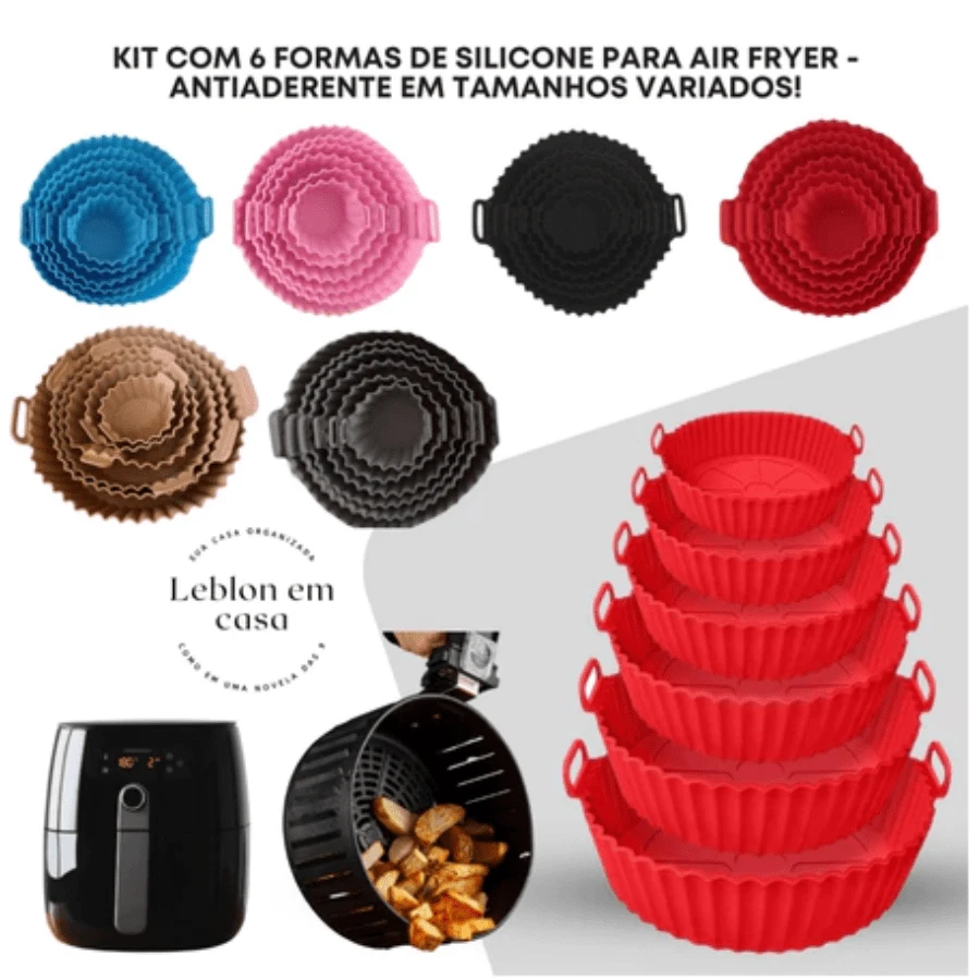 Kit 6 Forma de Silicone Para Fritadeira Air Fryer Antiaderente Cozinha Com Alça