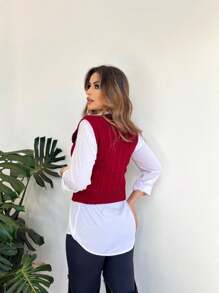 V-Neck Braided Knit Sweater Vest - Đỏ - Xem 5