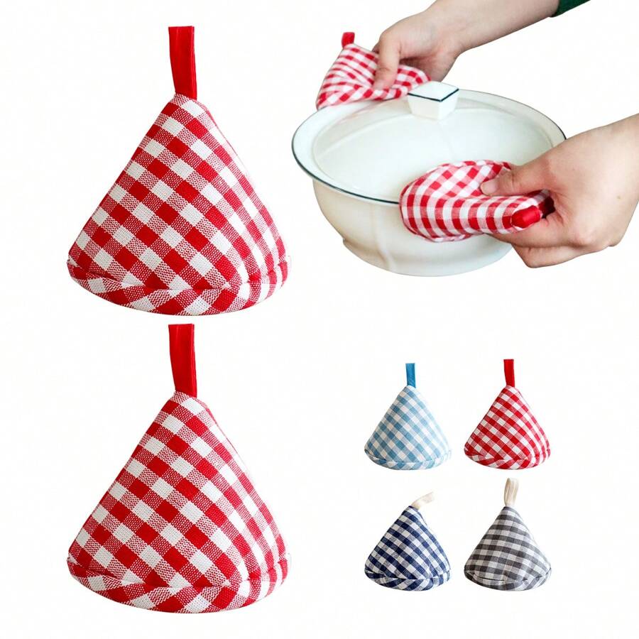 2pcs Gingham Pattern, Charming Triangular Shape, Heat Resistant Pot Cover Cap, Thick Pot Handle Sleeve & Pot Lid Holder Set, Suitable For Carrying Hot Pans, Lifting Pot Covers, Also Can Be Used As Cup Lids (Multi-Color Optional)