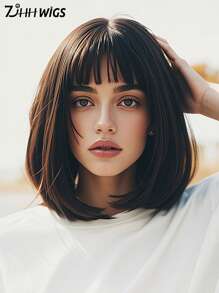 7JHH WIGS Short Black Bob Wig With Bangs,Dark Brown Shoulder Length Wigs Natural Synthetic Heat Resistant Fiber Layered Curly Wigs For Women Daily School Use 16 Inch