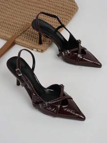 Giày cao gót mũi nhọn thanh lịch, có dây đeo khóa kim loại, da bóng màu đỏ tía, thích hợp cho đám cưới và tiệc tùng - Bordeaux - Xem 2