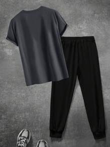 Men's Minimalist English Graphic Casual Short Sleeve T-Shirt And Pants Suit, Daily Wear