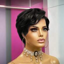 T-Part Lace Front Wig, Pixie Short Hair, Human Hair Wig, Suitable For Women, Size: 13x4x1 Inches T-Part Lace Front Wig, Wine Red Color, Glueless, Suitable For Daily Wear, Gift, Instant Wear Short Human Hair Wig, 99J Color Side Bangs Short Wig - Black - View 3
